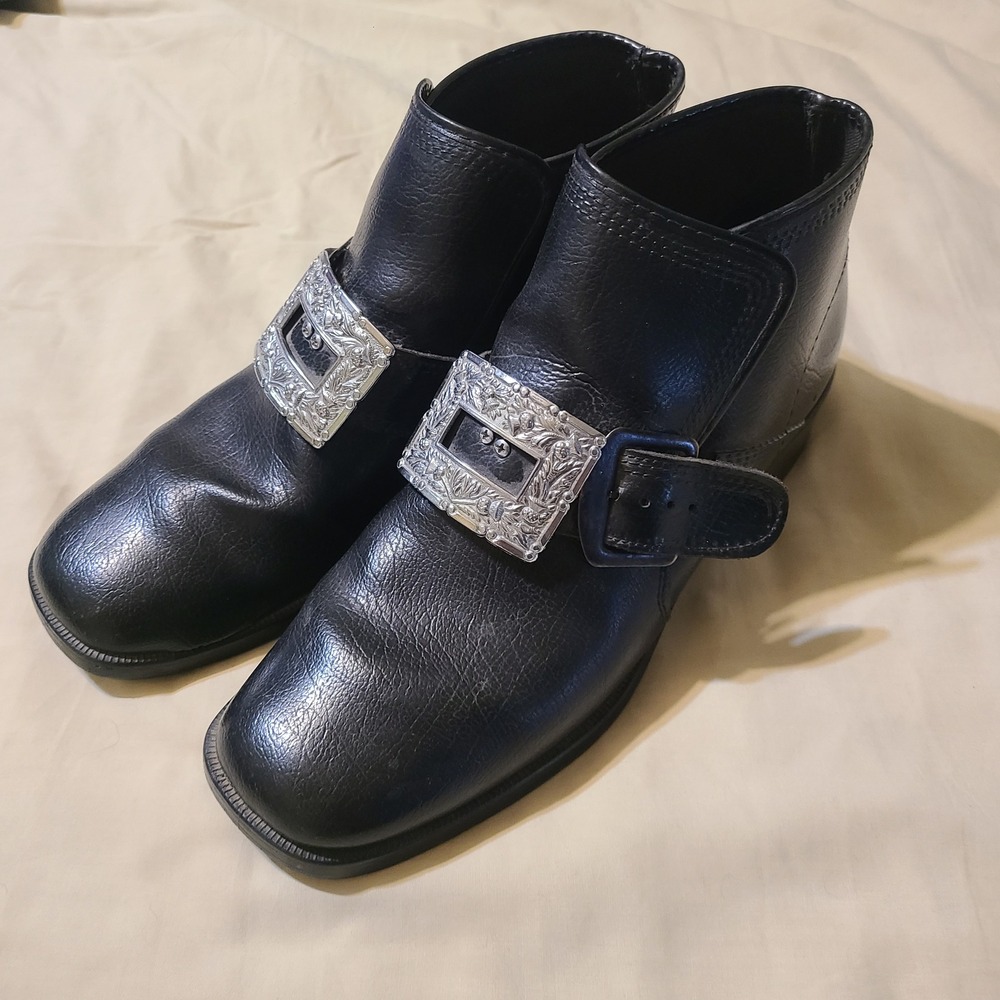 VTG Bunad Norwegian Folk Costume Shoes Mens 10.5 11 Black Faux‎ Leather Buckle